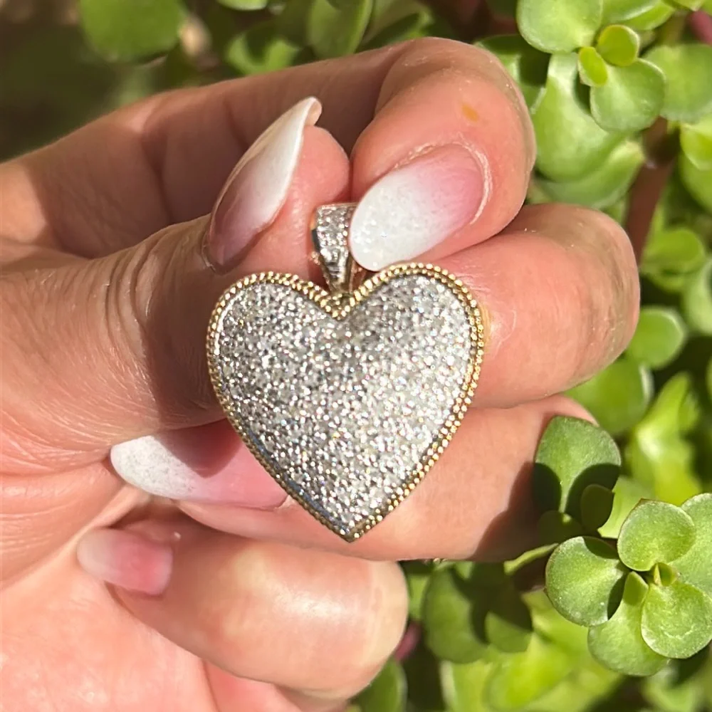14K 2 Tone Large Diamond Heart Pendant - Picture 1 of 15